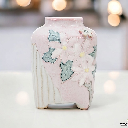 토다원공방 꽃 조각 핑크화병 수제 미니 국산 도자기