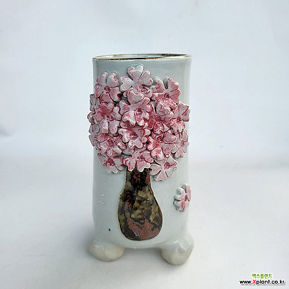 분79)중형 냥이분 옥색 유광 핑크색꽃나무붙임 원통형 공방 수제 화분