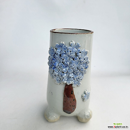 분75)중형 냥이분 옥색 유광 파란색꽃나무붙임 원통형 공방 수제 화분