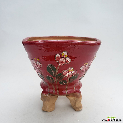 분62)중소형 빨간색 유광 꽃그림 앉은다리 입구사각 도예 수제 화분