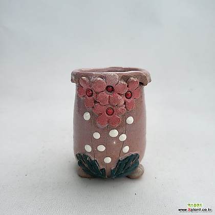 분98)초소형 미니 분홍색 유광 4꽃붙임 입구병뚜껑형 깊은형 도예 수제 화분