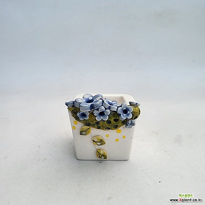 분69)초소형 미니 리얼 콩분 흰색 무광 파란 꽃붙임 정사각 예쁜 도예 수제 화분